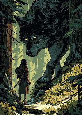Girl and Giant Wolf in Forest