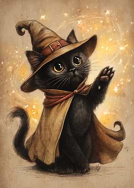 Cute Black Cat Wizard Illustration