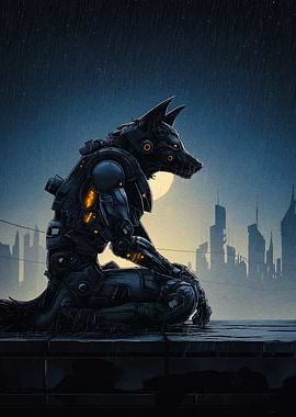 Cyberpunk Wolf in Rainy Cityscape