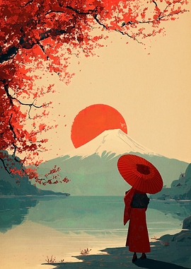 Japanese Landscape with Woman and Umbrella