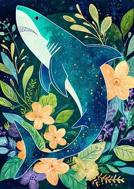 Floral Shark Watercolor Illustration
