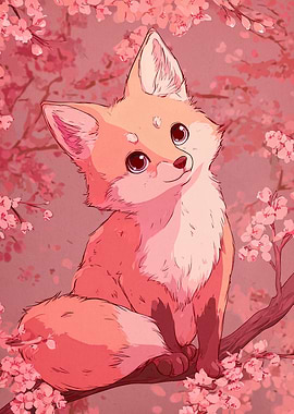 Cute Fox in Cherry Blossoms