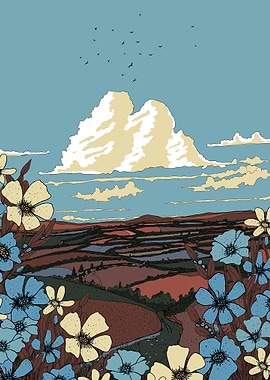 Floral Landscape with Clouds and Birds