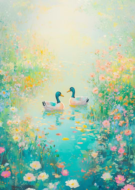 Ducks in a Floral Pond Painting