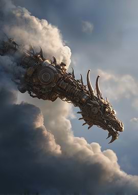 Mechanical Dragon Soaring Through Cloudy Sky