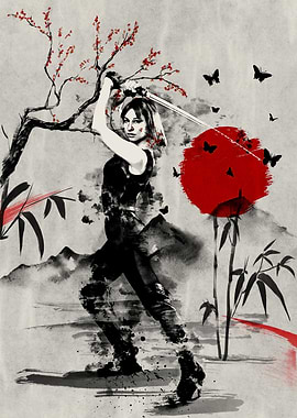 Female Warrior with Katana in Ink Style