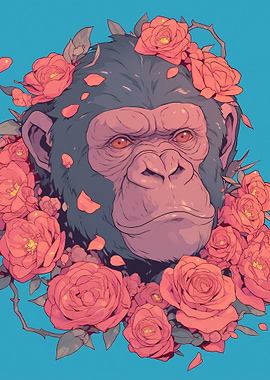 Chimpanzee with Roses Digital Art