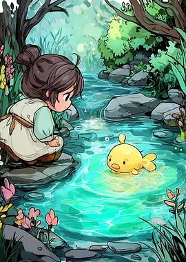 Girl and Fish by the Stream