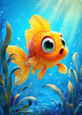 Cartoon Goldfish in Blue Water