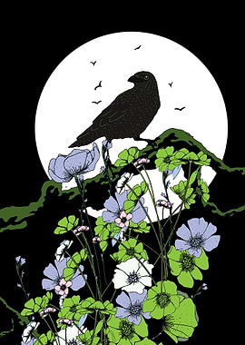 Crow Perched on Flowers with Moon