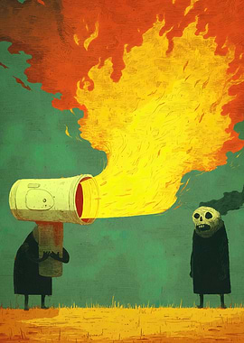 Surreal Fire Extinguisher and Skull Figure