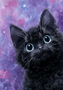 Black Cat with Galaxy Background