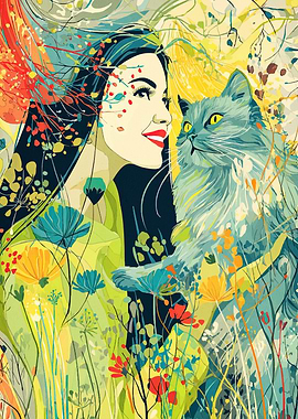 Woman and Cat in Floral Setting
