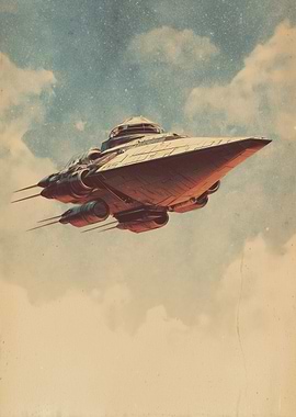 Retro Spaceship Flying Through Cloudy Sky