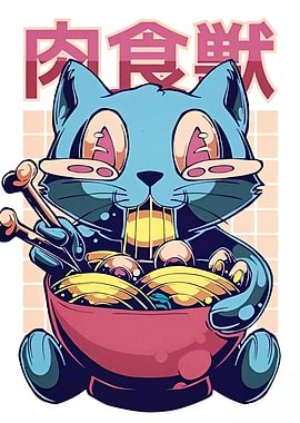 Cartoon Cat Eating Ramen Illustration