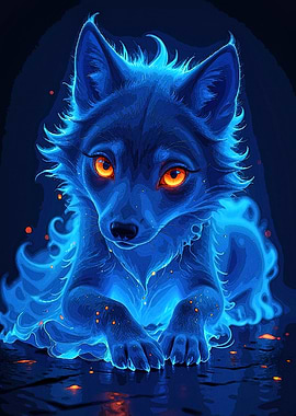 Glowing Blue Wolf Orange Eyes