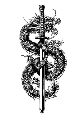 Dragon and Katana Black and White