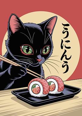 Black Cat Eating Sushi Illustration