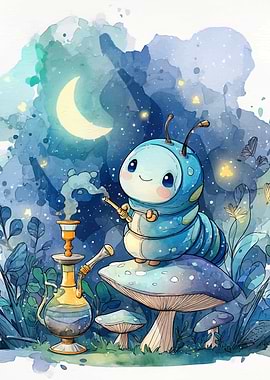 Caterpillar Smoking Hookah on Mushroom