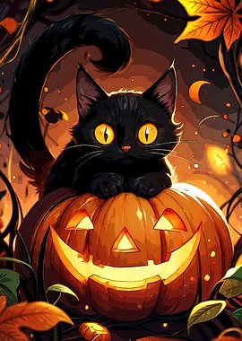 Black Cat on Jack-o'-Lantern