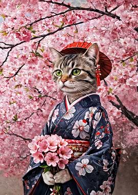 Cat in Kimono with Cherry Blossoms