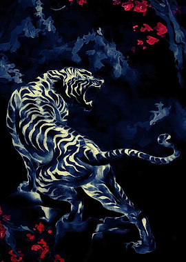 Roaring Tiger in Dark Floral Setting