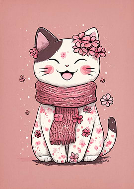 Cute Cat with Flowers and Scarf