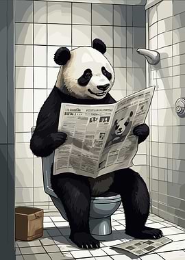 Panda Reading Newspaper on Toilet