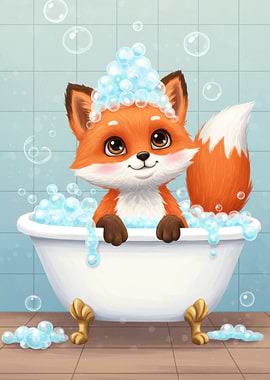 Fox in Bathtub with Bubbles
