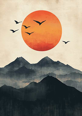 Mountain Sunset with Birds