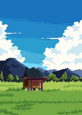 Pixel Art Japanese Shrine Landscape