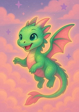 Cute Green Dragon Flying in Clouds