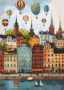 Colorful Cityscape with Hot Air Balloons