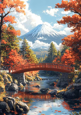 Autumn Landscape with Bridge and Mountain
