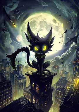 Cartoon Cat on Skyscraper at Night