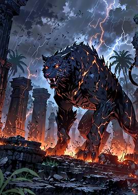Ancient Titan Tiger in Apocalyptic Stormy Ruins