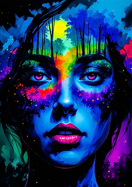 Colorful Woman with Forest Silhouette