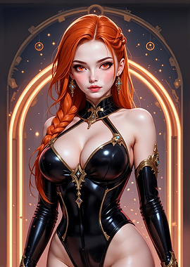 Elegant Red-haired woman in black bodysuit