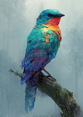Cybernetic Bird Perched on Branch