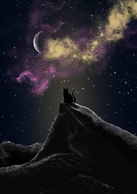 Cat on Mountain Under Night Sky