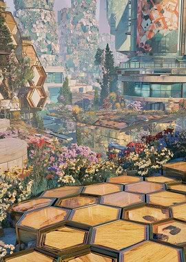 Futuristic Cityscape with Floral Accents
