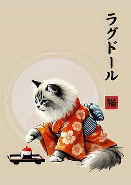 Cat in Kimono with Sushi
