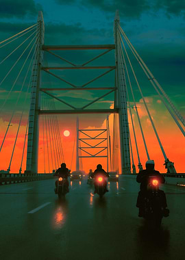 Motorcycles on a Bridge at Sunset