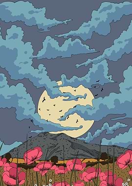 Mountain, Moon, and Poppies Illustration