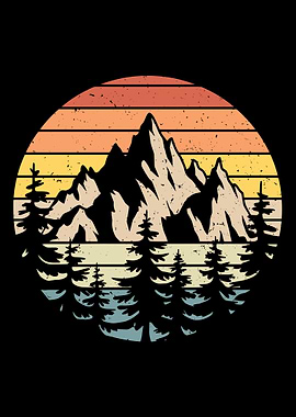 vintage retro sunset distressed pine trees outdoors nature wildlife mountains landscape silhouettes cute colorful design cool graphic - forest trees Landscape