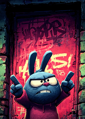 Grumpy Cartoon Rabbit with Graffiti Background