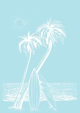 Tropical Beach with Surfboards Illustration