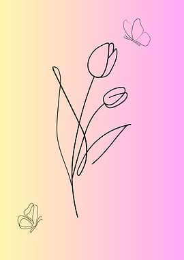 Minimalist Tulips and Butterflies Line Art