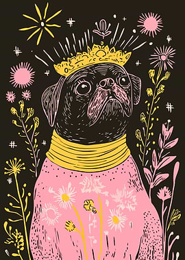 Pug Queen with Floral Accents Cute Minimalist Art Illustration