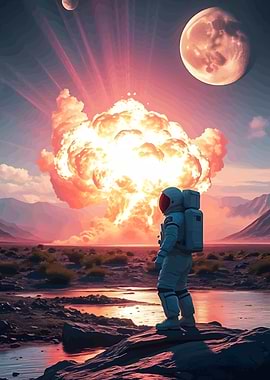 Astronaut and Explosion on Alien Planet